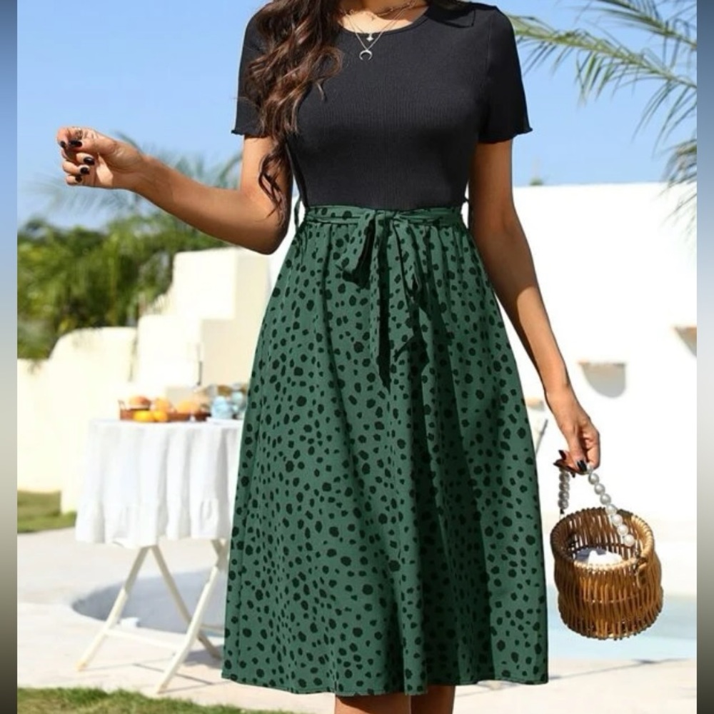 Green and black leopard dress with belt